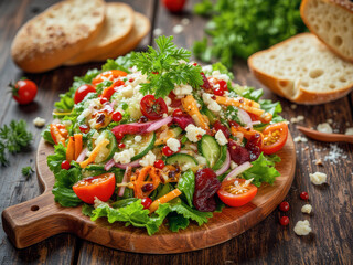 professional advertisement food photography: A wooden cutting board topped with a salad and bread.