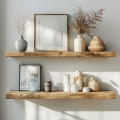 Home storage organization featuring wood floating shelf with frames, vases on white wall in modern living room design