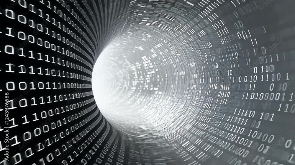 Fototapete Binary Tunnel: A swirling tunnel of binary code creates a mesmerizing visual, representing the digital realm and the flow of information. This abstract image evokes a sense of speed, movement.
