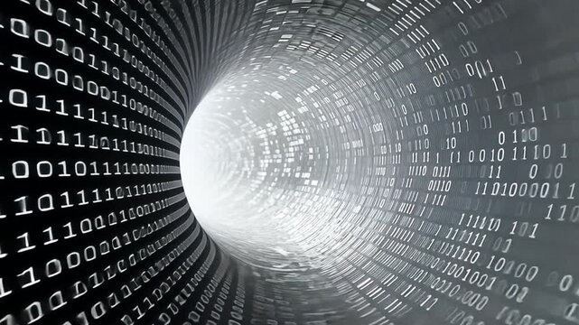 Binary Tunnel: A swirling tunnel of binary code creates a mesmerizing visual, representing the digital realm and the flow of information. This abstract image evokes a sense of speed, movement.