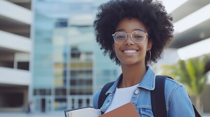 estudante usando oculos,, menina, negra com cabelo cacheado afro, usando jaqueta jeans, segurando livros e cadernos.