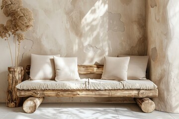 Modern Living Room Interior Design: Rustic Wood Log Bench, Beige Cushions Against Stucco Wall with Ample Copy Space