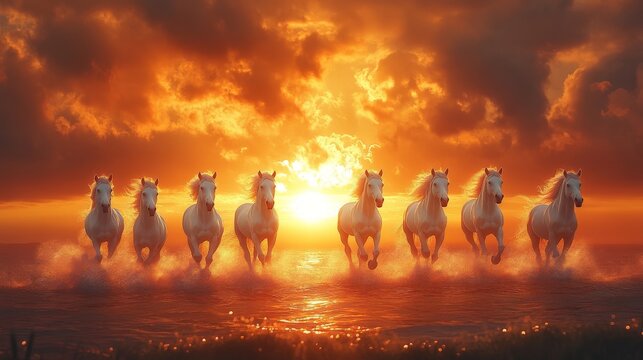 Seven white horses galloping through a golden sunrise across a shimmering sea, embodying grace and freedom in a breathtaking natural spectacle - Powered by Adobe