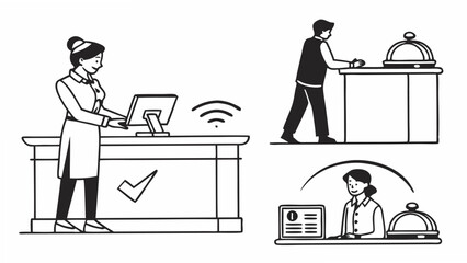 Reception desk line icon set. Containing receptionist, hotel bell, customer service