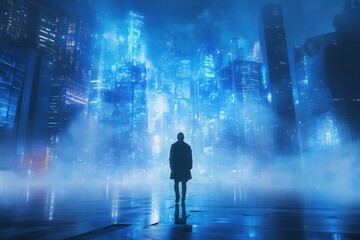 Man walks towards a futuristic cityscape with glowing neon lights and a thick fog covering the ground, creating a mysterious and cyberpunk atmosphere