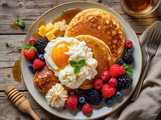professional advertisement food photography: A plate of pancakes topped with fruit and a fried egg.