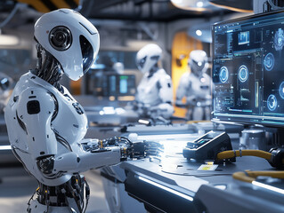 Fototapeta premium Futuristic Robot Working in High-Tech Lab