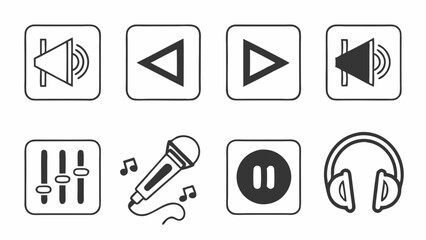 Audio button icon set. music, sound, speaker volume, play, video, pause, equalizer, loudspeaker, mute, microphone, headset. 