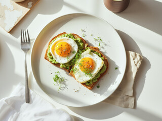 professional advertisement food photography: A white plate topped with two fried eggs on top of toast.