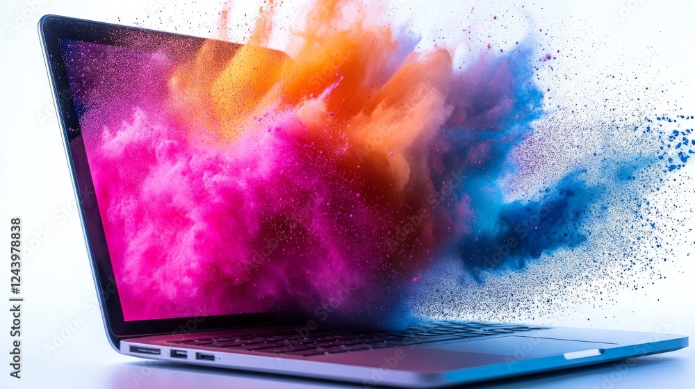 Poster colored powder bursts from a laptop screen creating a vivid explosion of hues in a creative and arti