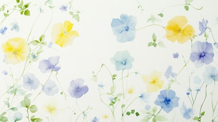 A painting of a field of flowers with a blue and yellow background