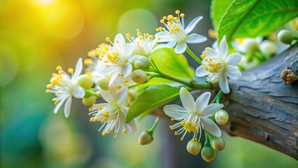 Delicate White Blossoms on a Branch Basking in Sunlight