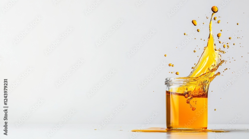 Aufkleber golden honey splashes dramatically from a glass jar, creating a mesmerizing liquid display against a