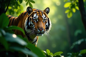 Majestic powerful Bengal Tiger with piercing amber eyes Emerging from the Jungle Shadows. World wildlife day. Generated AI