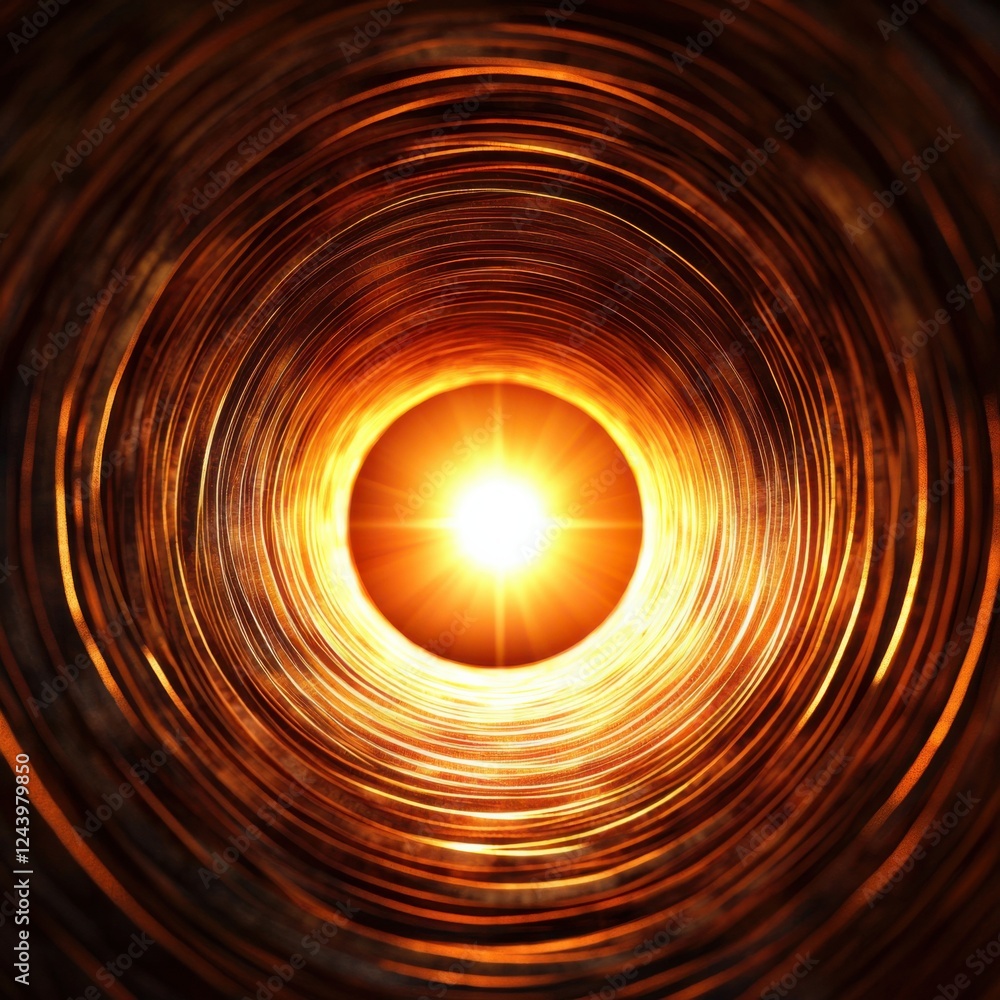Poster a vibrant, swirling abstract image depicting a glowing light surrounded by circular patterns, evokin