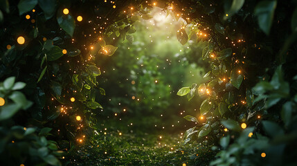 Enchanted forest frame with glowing fireflies