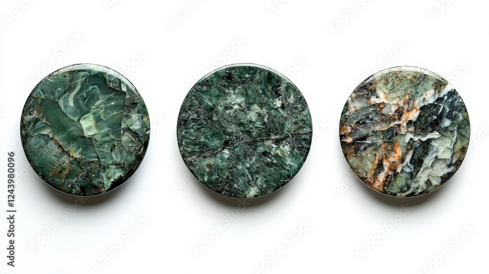 Aufkleber set of three round jade tablets with unique textures and patterns for decorative or collectible purp