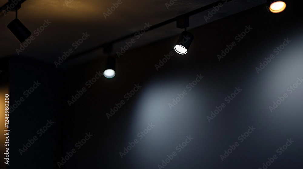 Poster Soft beams illuminate a dimly lit room, contrasting shadows and light in an artistic display of modern track lighting design