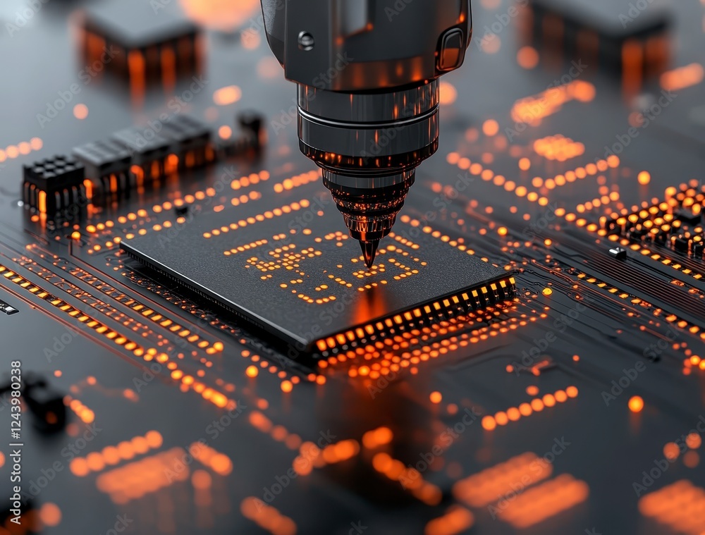 Poster close up of a robotic arm precisely placing a microchip onto a circuit board. glowing orange highlig