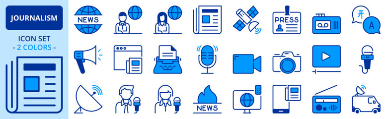 Icons in two colors about journalism and news.