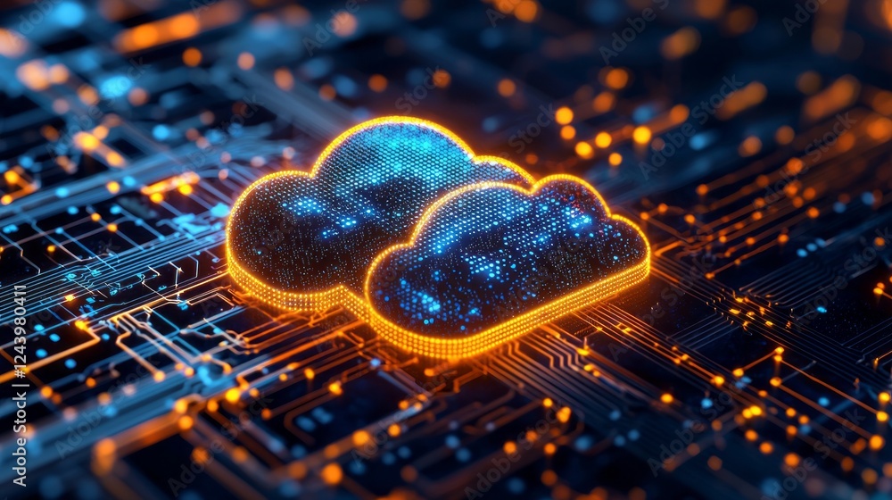 Poster Two glowing clouds hover over an intricate network of circuit connections, depicting the seamless integration of technology on a digital landscape filled with vibrant hues