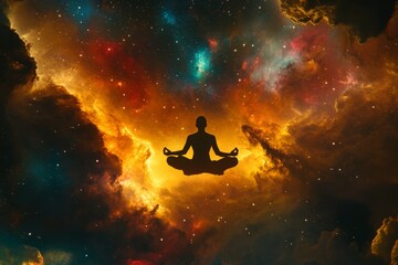 Concept for mindfulness and yoga practice. Meditative practice in cosmic space: a person finds inner peace and mindfulness in a vibrant nebula. Keys: meditation, cosmos, energy