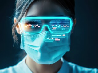 A futuristic healthcare worker wearing augmented reality glasses and a mask, showcasing digital data and technology integration in medical settings.