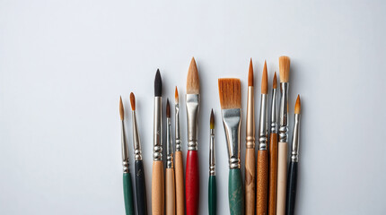 Obraz premium Different paint brushes forming a row on white background