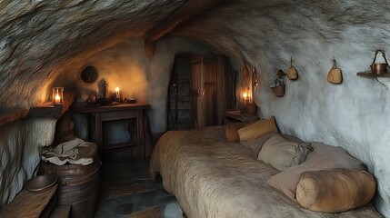 Cave dwelling rustic bedroom with candlelight ambiance