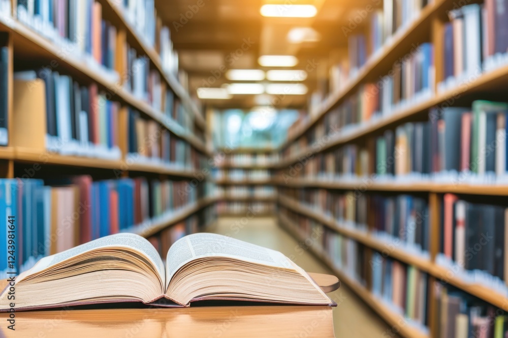 Poster a book lies open on a table in a spacious library, with rows of bookshelves filled with colorful vol