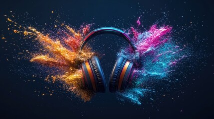 Fototapeta premium Headphones with colorful paint splashes on a white background for creative music and art concepts