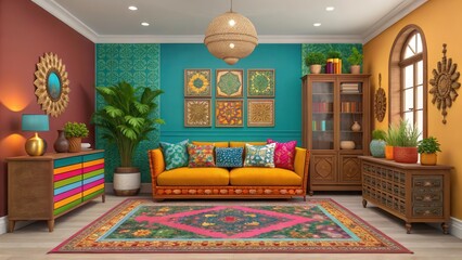 Vibrant Bohemian Style Luxury Home Adorned With Colorful Decor and Eclectic Furnishings. Generative AI