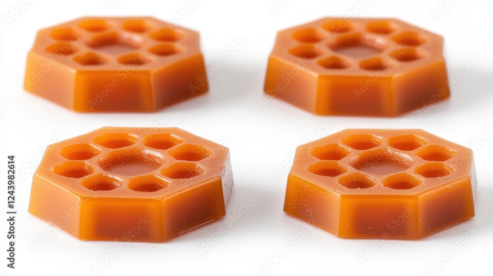 Poster hexagonal orange pills set of three on white background with unique honeycomb design and bright colo