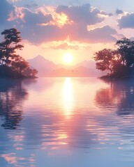 Obraz premium A serene sunset over a tranquil lake, with soft pastel colors reflecting off the water, surrounded by silhouetted trees and distant mountains under a colorful sky.