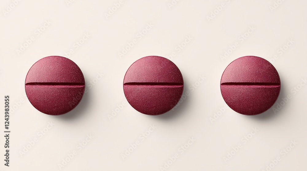 Poster three maroon circular tablets arranged in a row on a soft beige background