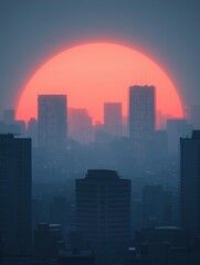 Obraz premium A stunning urban sunset casts a warm glow over silhouetted skyscrapers, creating a dramatic contrast against the twilight sky.