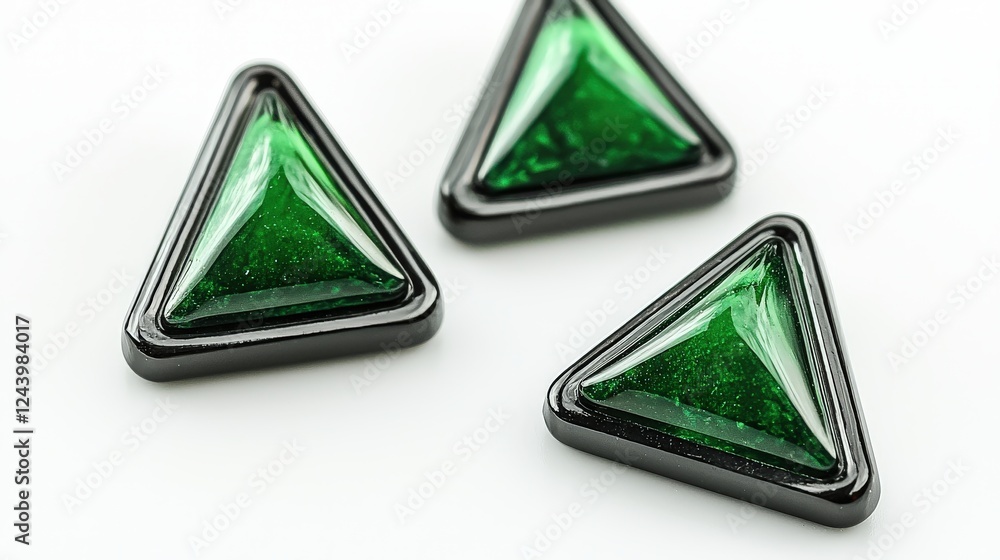 Poster triangular emerald green pills set of three with glossy black edges on a minimalist white background