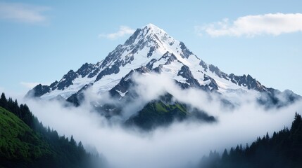 Obraz premium Majestic Snow Covered Mountain Peak with Foggy Valley