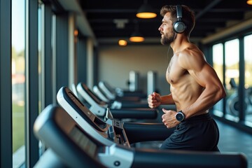 Naklejka premium Muscular Man Running on Treadmill in Modern Gym with Headphones, Focusing on Fitness and Cardio Exercise, Surrounded by Contemporary Gym Equipment and Bright Natural Light