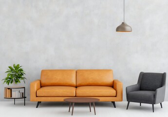 Modern Living Room with Tan Leather Sofa and Concrete Wall