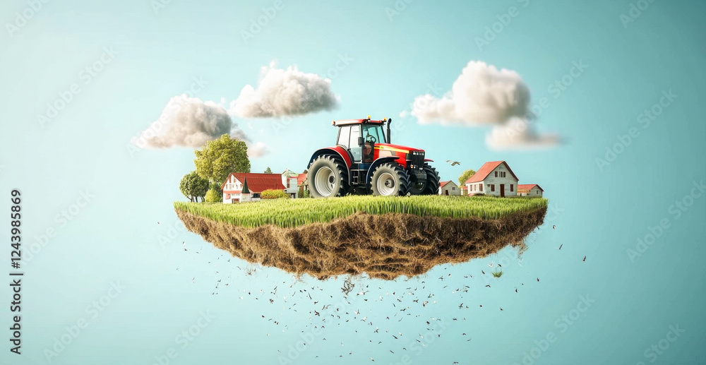 Poster a modern tractor is actively engaged in farming on a floating piece of land surrounded by clouds.