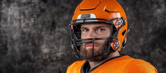 Close Up Portrait Bearded Football Player in Orange Helmet Against