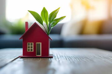 red miniature model house next to young plant - house buying - real estate, property, home, purchase, mortgage, investment, growth