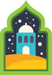 Islamic mosque building at night with stars and desert landscape, suitable for ramadan or eid celebrations