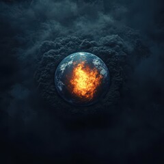 A dark, surreal depiction of Earth engulfed in flames, surrounded by ominous clouds, symbolizing destruction and environmental crisis.