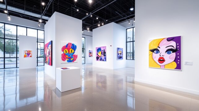 Modern Art Gallery Exhibit Featuring Vibrant Colorful Paintings and Pixel Art Portraits