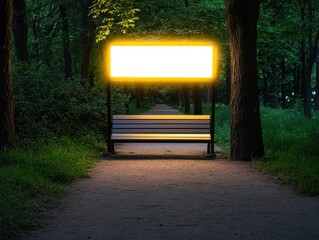 A serene park path illuminated by a glowing sign, framed by lush greenery, inviting visitors to pause and reflect.