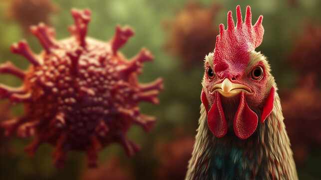Close-up of a chicken with a virus particle nearby, symbolizing avian flu or zoonotic transmission concepts and biosecurity