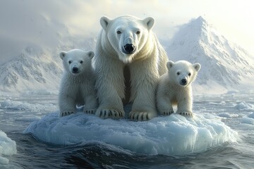Polar Bear Family on Arctic Ice Floe