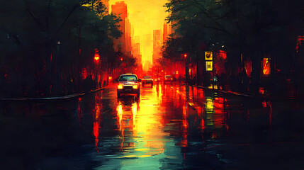 Cars drive along a wet street, reflecting colorful lights as the sun sets in the background